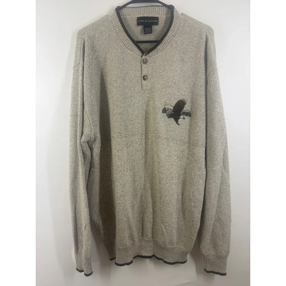 Croft & Barrow Mens Large Tall Henley Sweater Beige Eagle Mountain Knit USA Made